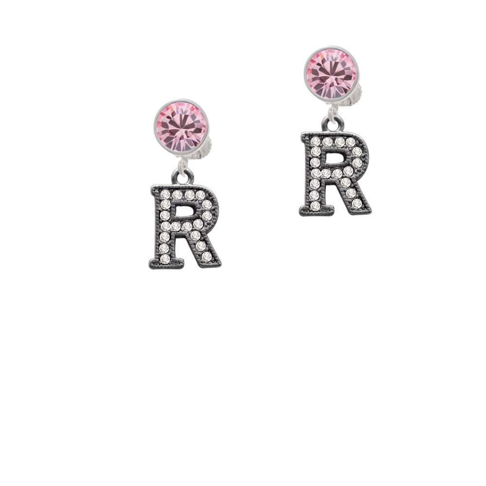 Crystal Black Initial - R - Beaded Border - Crystal Clip On Earrings Image 1