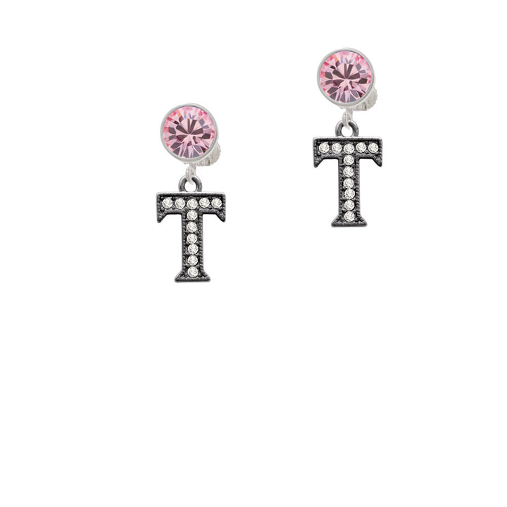 Crystal Black Initial - T - Beaded Border - Crystal Clip On Earrings Image 4