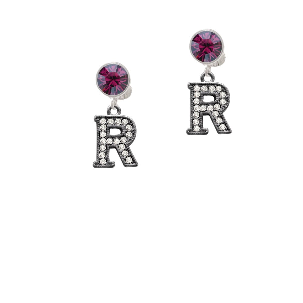 Crystal Black Initial - R - Beaded Border - Crystal Clip On Earrings Image 1