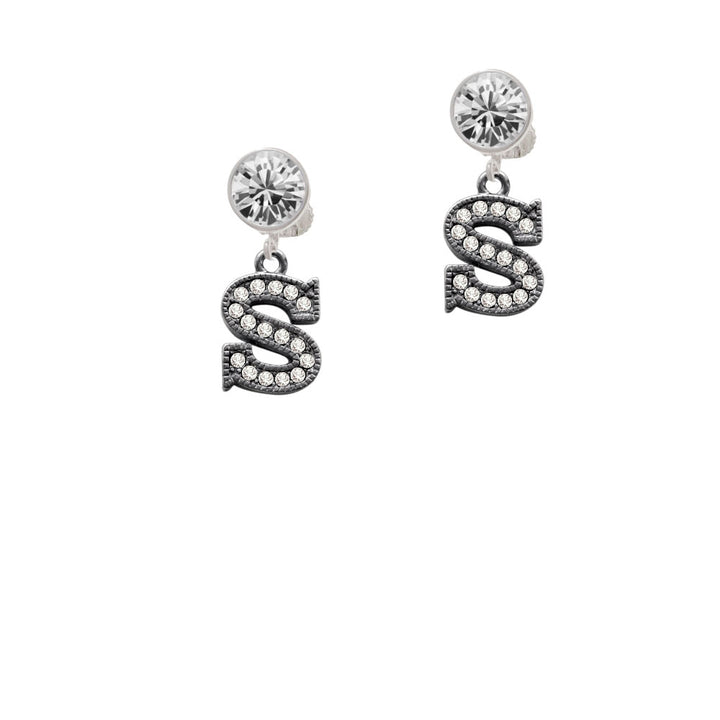 Crystal Black Initial - S - Beaded Border - Crystal Clip On Earrings Image 2