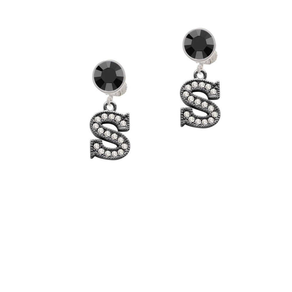 Crystal Black Initial - S - Beaded Border - Crystal Clip On Earrings Image 3