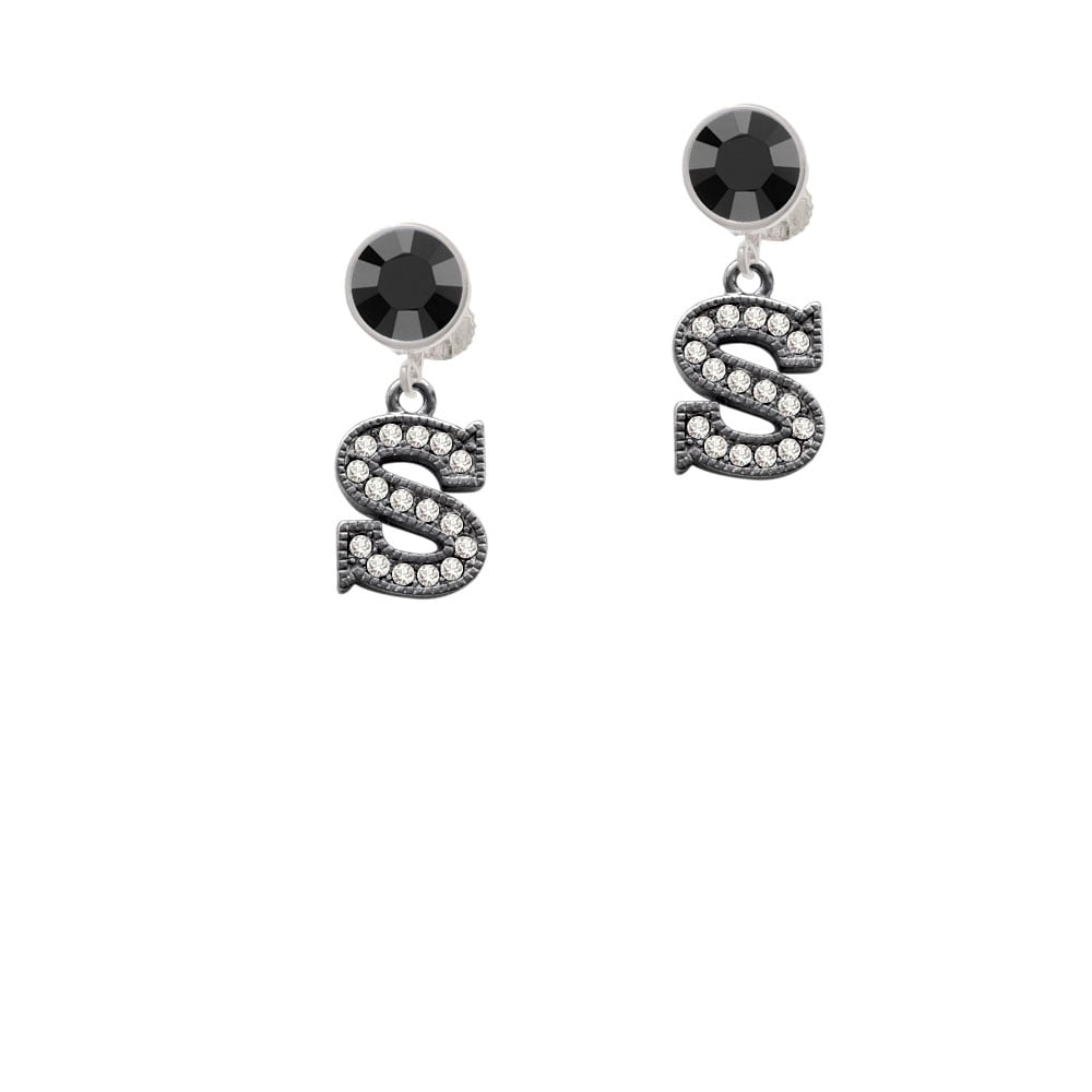 Crystal Black Initial - S - Beaded Border - Crystal Clip On Earrings Image 1