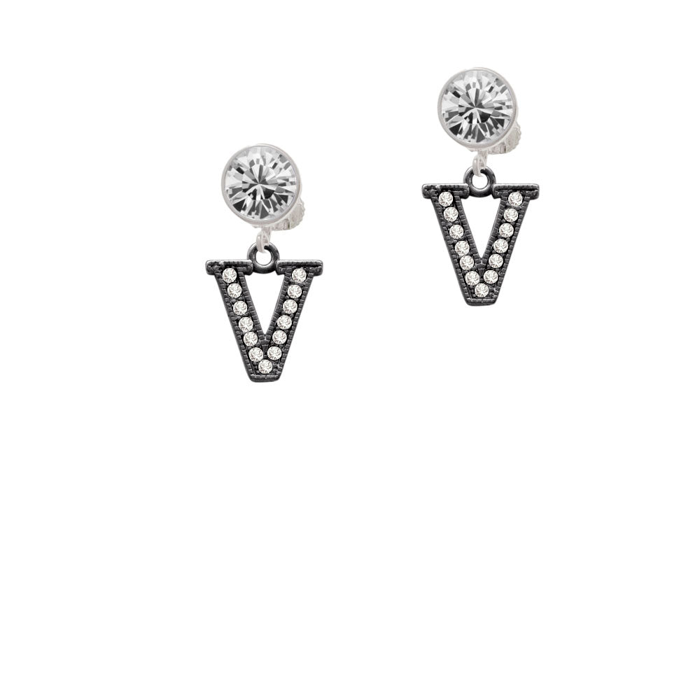 Crystal Black Initial - V - Beaded Border - Crystal Clip On Earrings Image 2