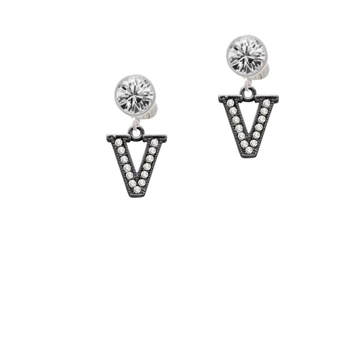 Crystal Black Initial - V - Beaded Border - Crystal Clip On Earrings Image 1