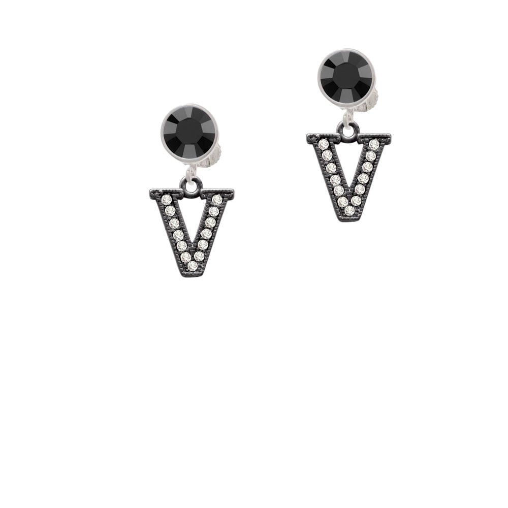 Crystal Black Initial - V - Beaded Border - Crystal Clip On Earrings Image 3