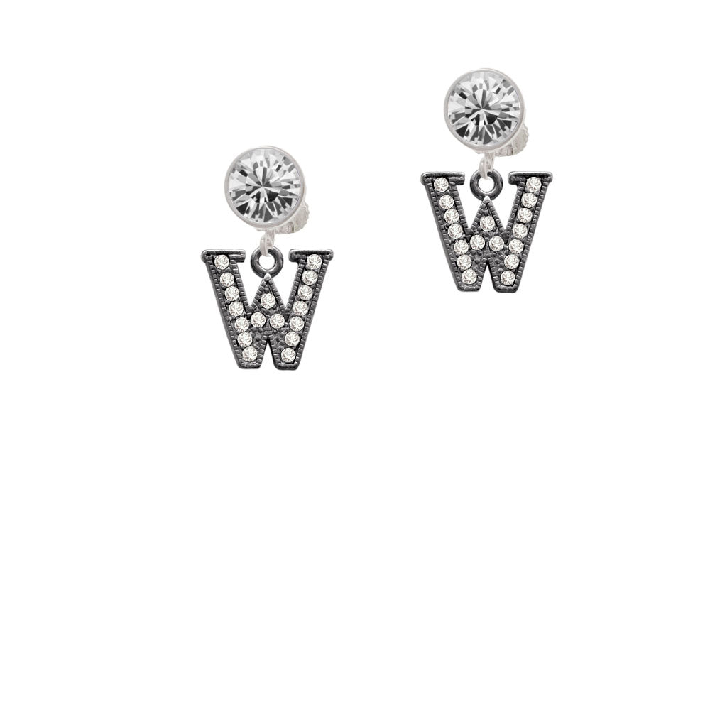 Crystal Black Initial - W - Beaded Border - Crystal Clip On Earrings Image 2