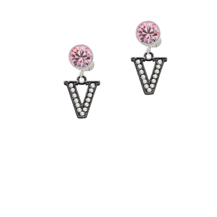 Crystal Black Initial - V - Beaded Border - Crystal Clip On Earrings Image 4