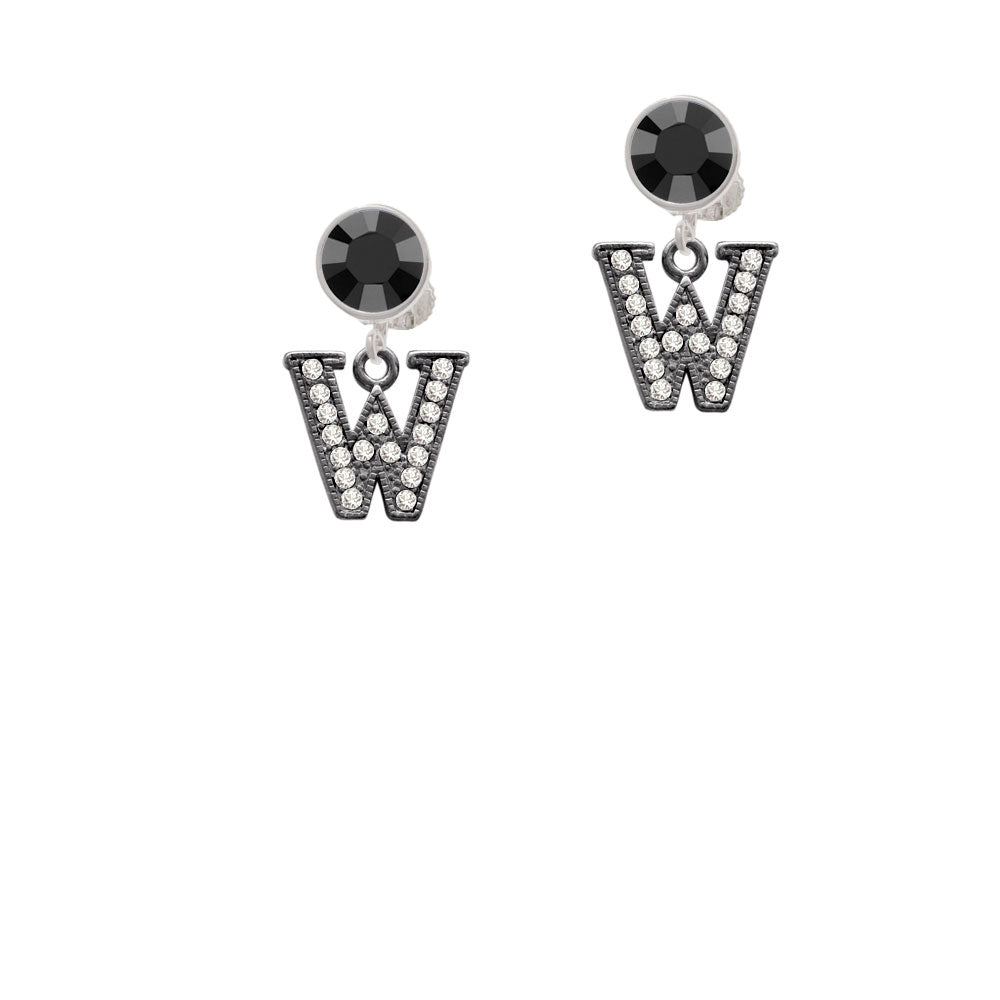 Crystal Black Initial - W - Beaded Border - Crystal Clip On Earrings Image 3