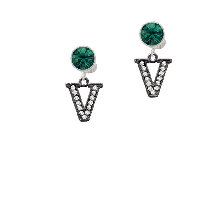 Crystal Black Initial - V - Beaded Border - Crystal Clip On Earrings Image 6