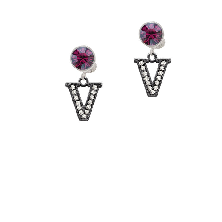 Crystal Black Initial - V - Beaded Border - Crystal Clip On Earrings Image 8