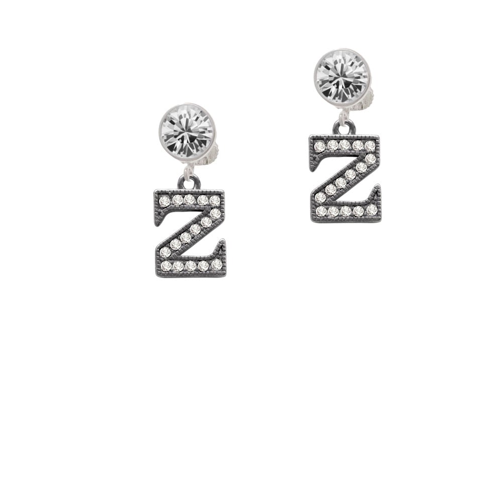 Crystal Black Initial - Z - Beaded Border - Crystal Clip On Earrings Image 2