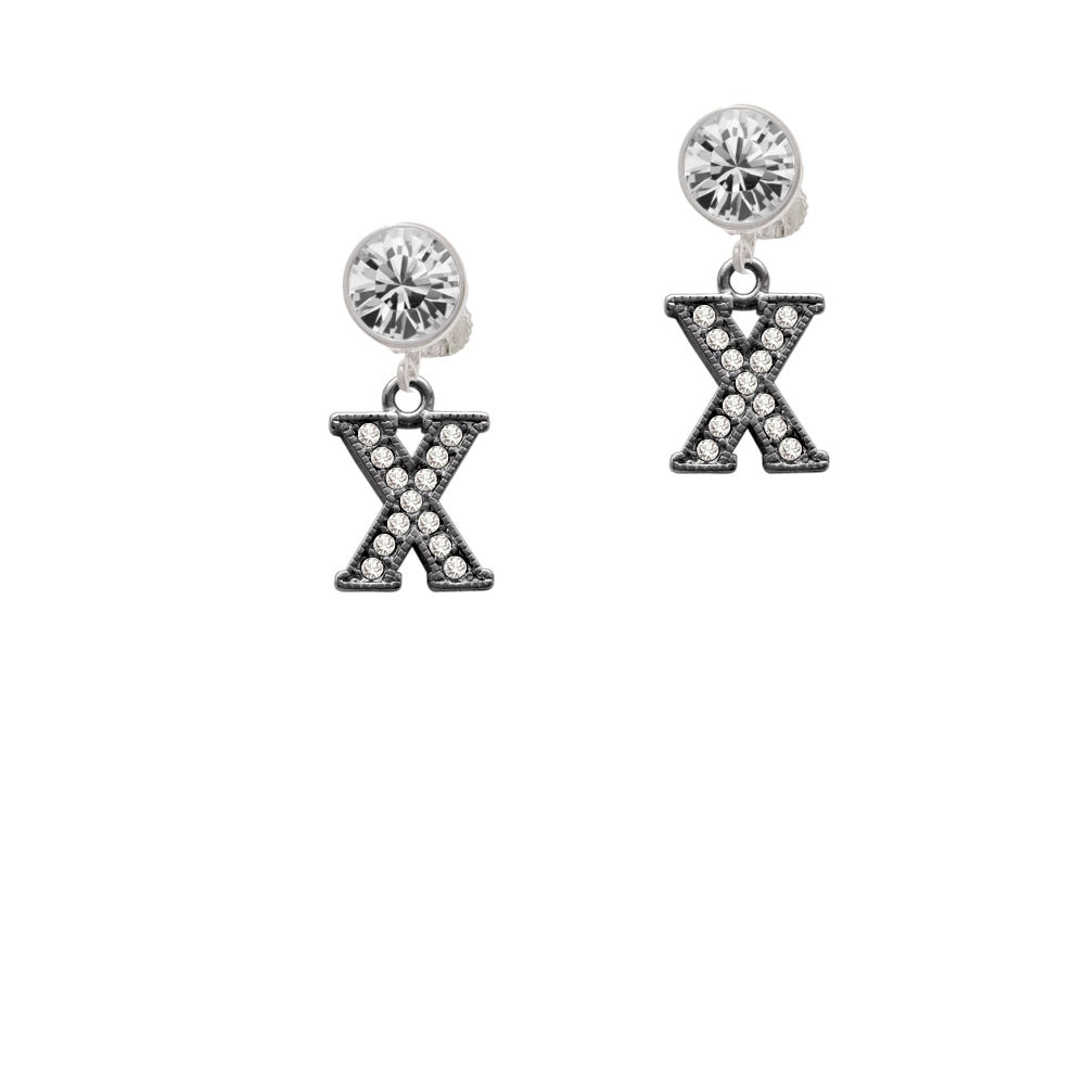 Crystal Black Initial - X - Beaded Border - Crystal Clip On Earrings Image 2