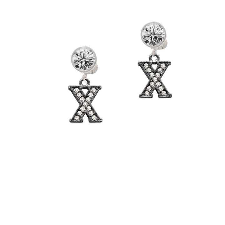 Crystal Black Initial - X - Beaded Border - Crystal Clip On Earrings Image 1