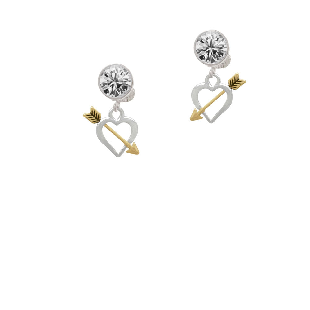 Open Heart with Gold Tone Arrow Crystal Clip On Earrings Image 2