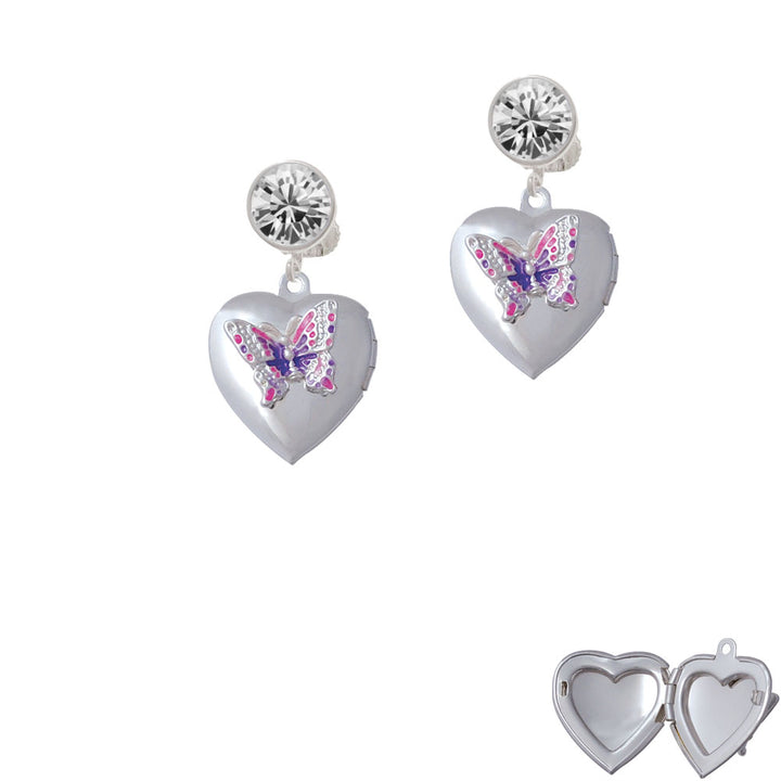 Pink and Purple Butterfly Locket Crystal Clip On Earrings Image 2