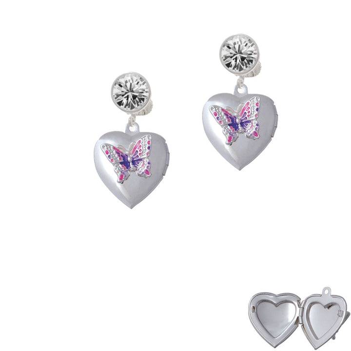 Pink and Purple Butterfly Locket Crystal Clip On Earrings Image 1