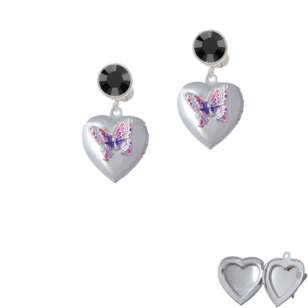 Pink and Purple Butterfly Locket Crystal Clip On Earrings Image 3