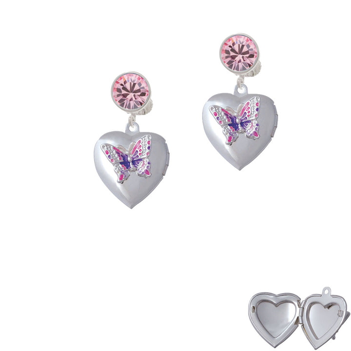 Pink and Purple Butterfly Locket Crystal Clip On Earrings Image 4