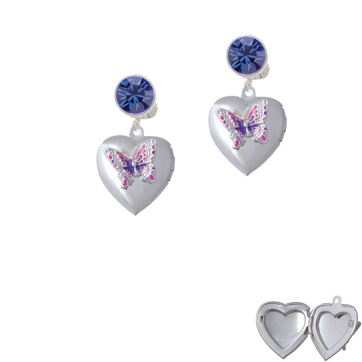 Pink and Purple Butterfly Locket Crystal Clip On Earrings Image 1