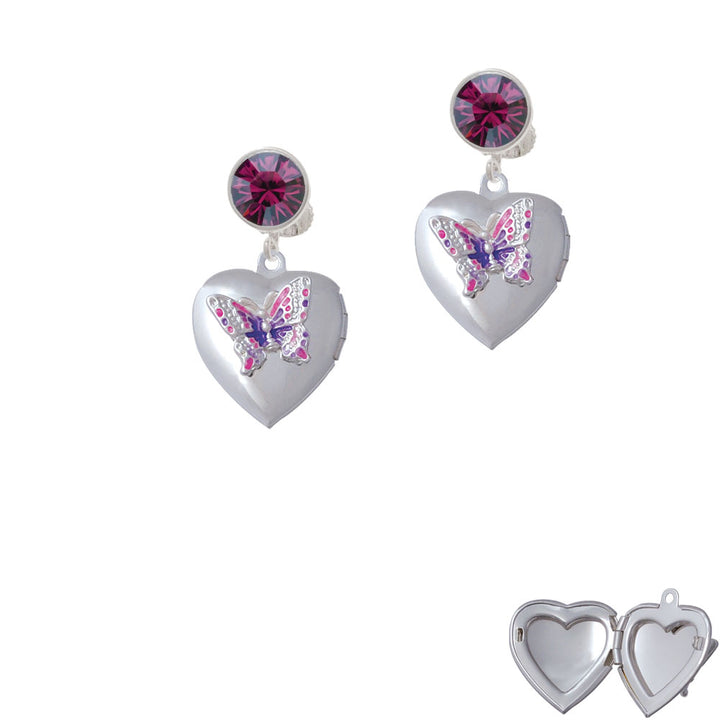 Pink and Purple Butterfly Locket Crystal Clip On Earrings Image 8