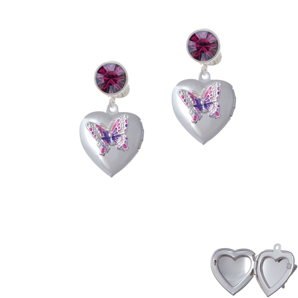 Pink and Purple Butterfly Locket Crystal Clip On Earrings Image 1