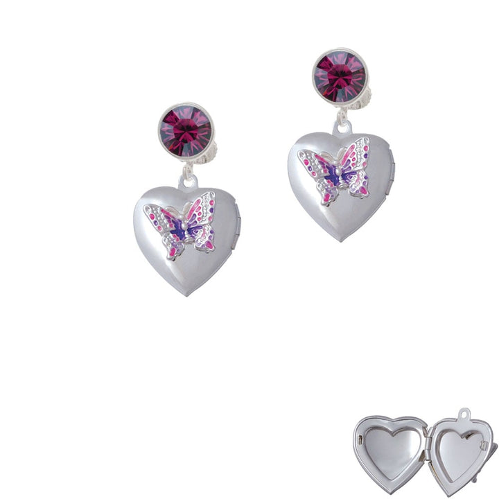 Pink and Purple Butterfly Locket Crystal Clip On Earrings Image 1