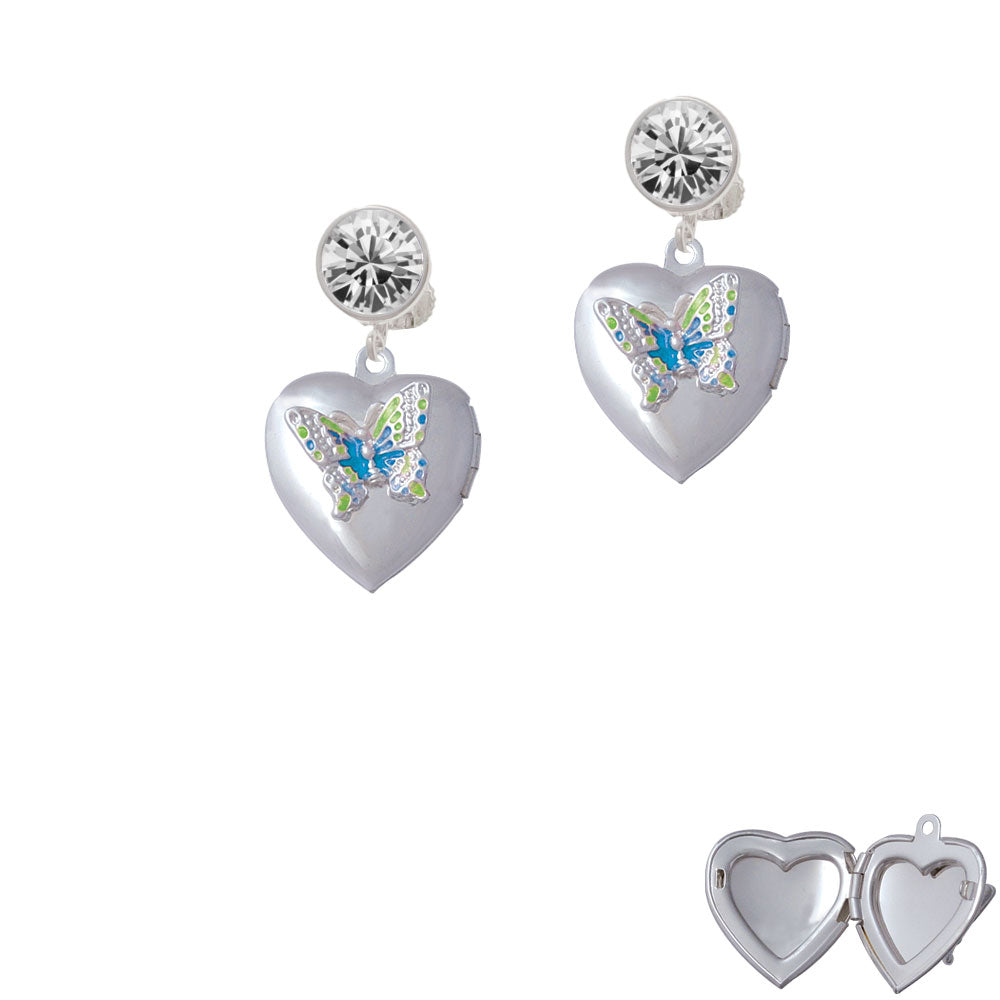 Lime Green and Hot Blue Butterfly Locket Crystal Clip On Earrings Image 2