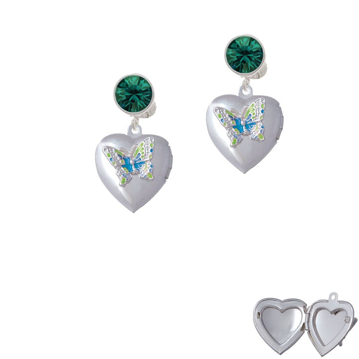 Lime Green and Hot Blue Butterfly Locket Crystal Clip On Earrings Image 6