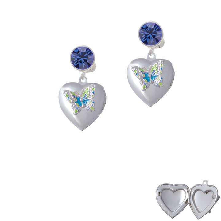 Lime Green and Hot Blue Butterfly Locket Crystal Clip On Earrings Image 7