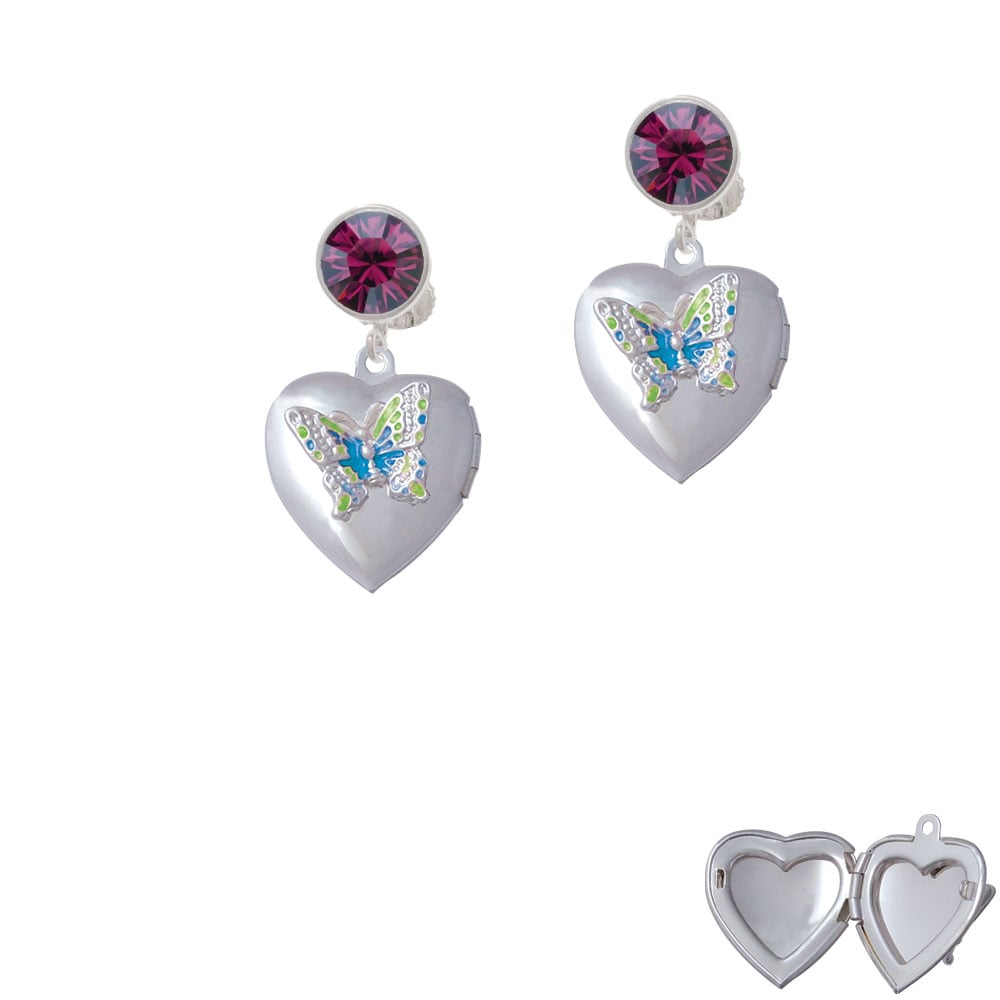 Lime Green and Hot Blue Butterfly Locket Crystal Clip On Earrings Image 1