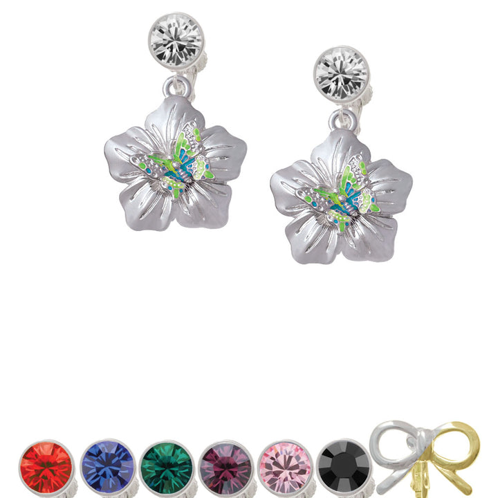 Lime Green and Hot Blue Butterfly on Large Flower Crystal Clip On Earrings Image 1