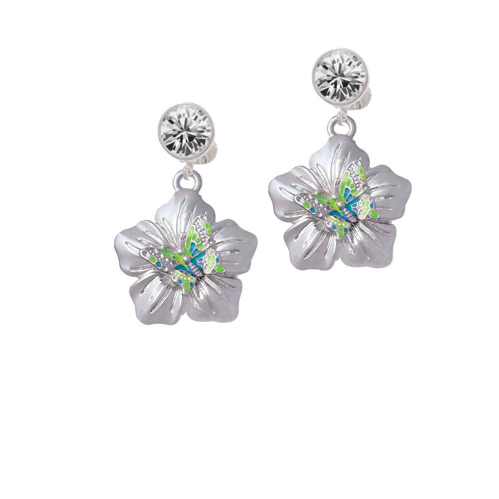 Lime Green and Hot Blue Butterfly on Large Flower Crystal Clip On Earrings Image 2