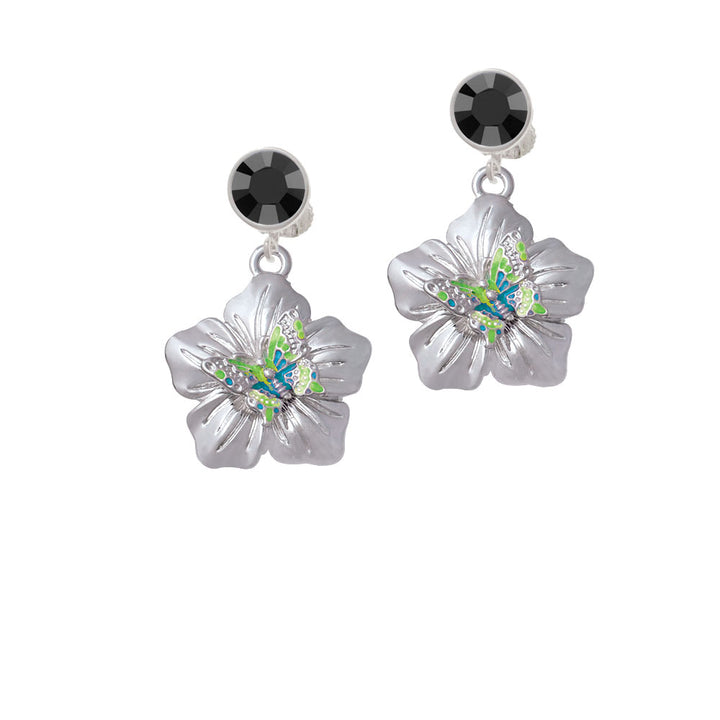 Lime Green and Hot Blue Butterfly on Large Flower Crystal Clip On Earrings Image 3