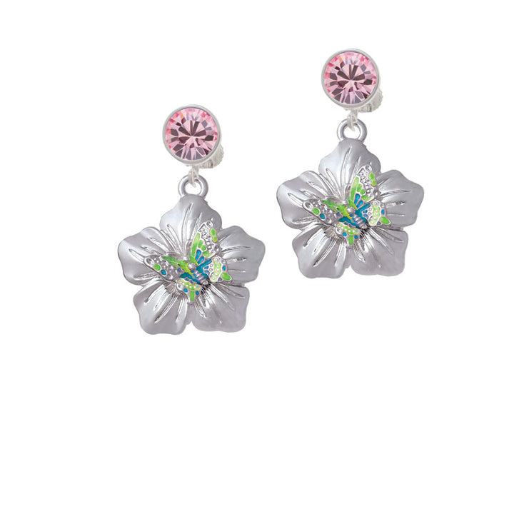 Lime Green and Hot Blue Butterfly on Large Flower Crystal Clip On Earrings Image 4