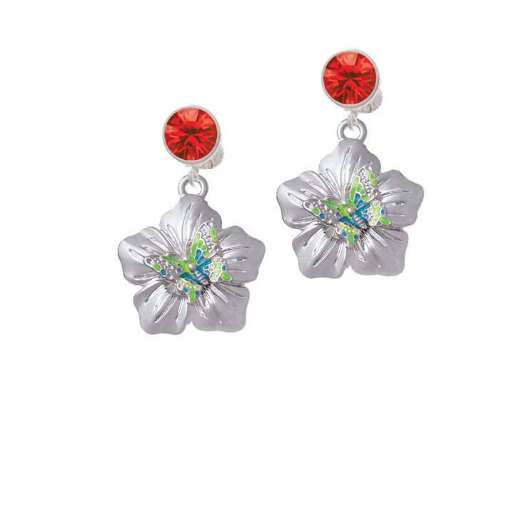 Lime Green and Hot Blue Butterfly on Large Flower Crystal Clip On Earrings Image 4