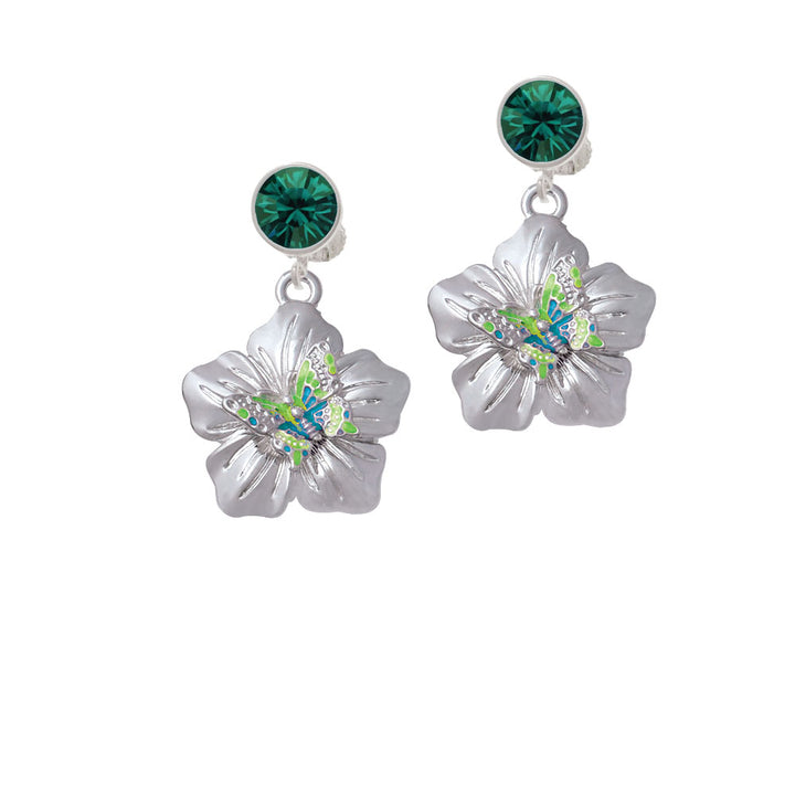 Lime Green and Hot Blue Butterfly on Large Flower Crystal Clip On Earrings Image 6