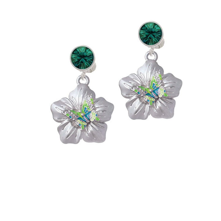 Lime Green and Hot Blue Butterfly on Large Flower Crystal Clip On Earrings Image 1