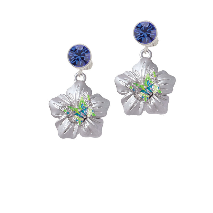 Lime Green and Hot Blue Butterfly on Large Flower Crystal Clip On Earrings Image 7