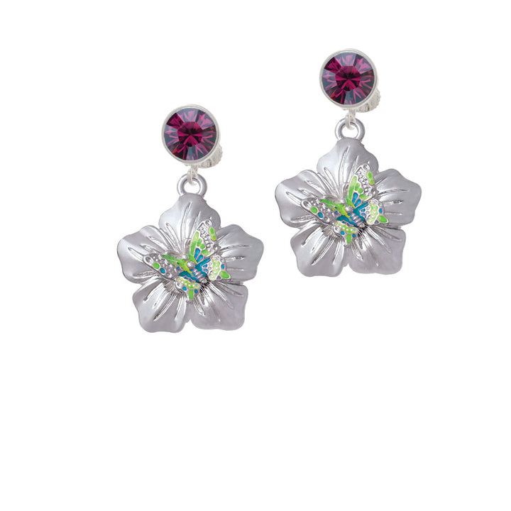 Lime Green and Hot Blue Butterfly on Large Flower Crystal Clip On Earrings Image 8