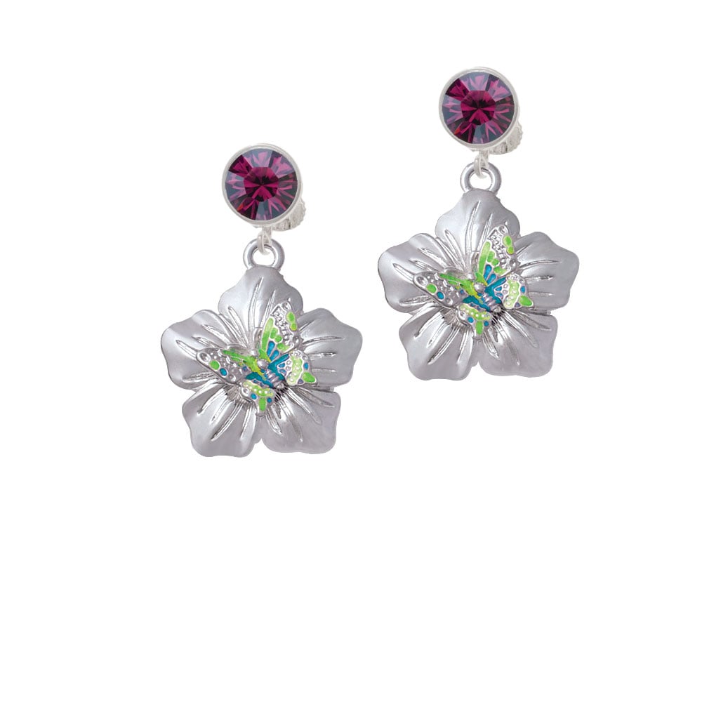 Lime Green and Hot Blue Butterfly on Large Flower Crystal Clip On Earrings Image 1