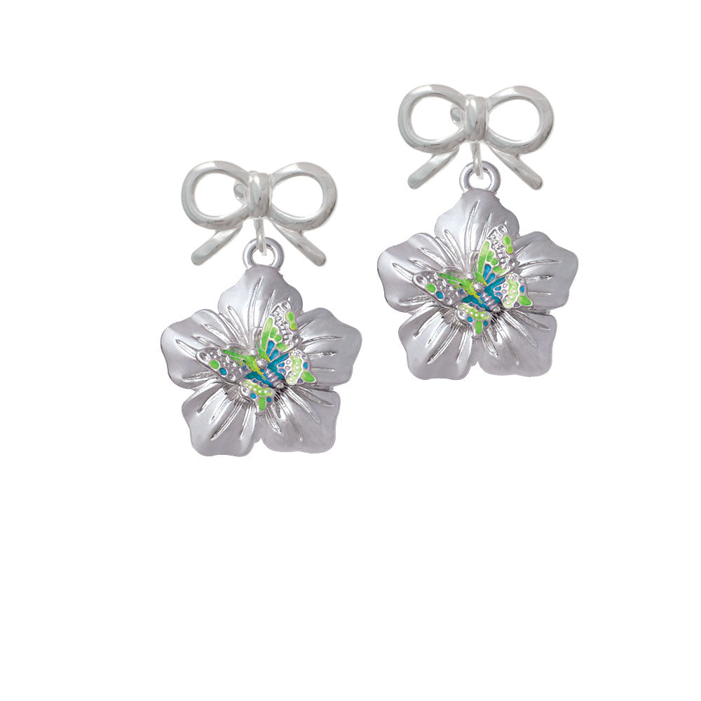 Lime Green and Hot Blue Butterfly on Large Flower Crystal Clip On Earrings Image 9