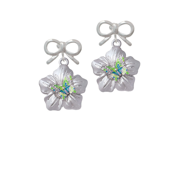 Lime Green and Hot Blue Butterfly on Large Flower Crystal Clip On Earrings Image 9