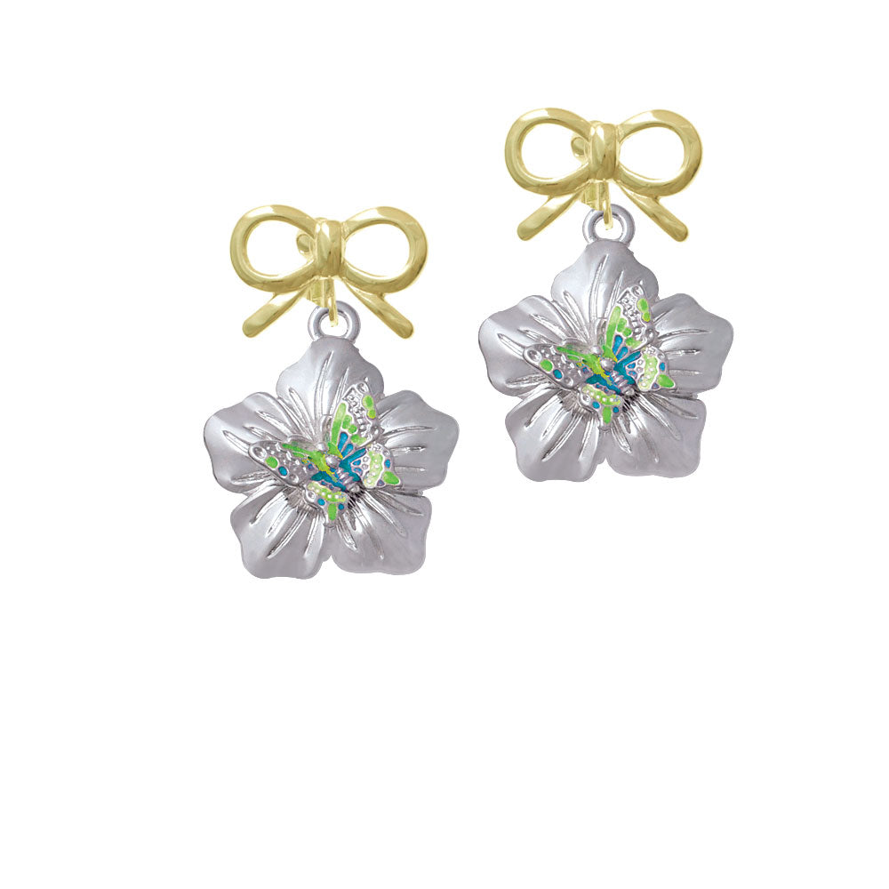 Lime Green and Hot Blue Butterfly on Large Flower Crystal Clip On Earrings Image 10