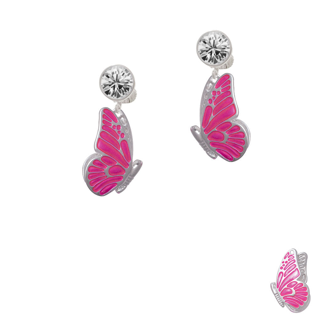 Large Translucent Hot Pink Flying Butterfly Crystal Clip On Earrings Image 2