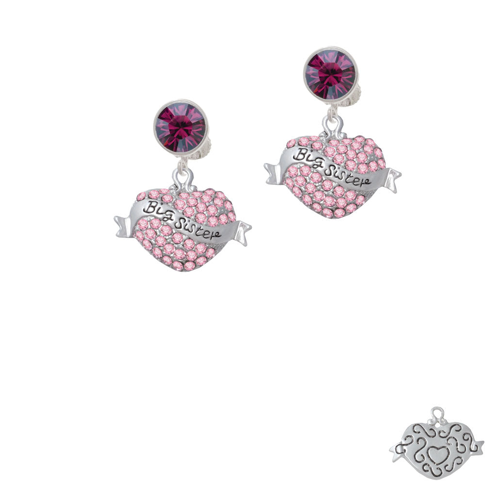 Big Sister Banner on Pink Crystal Heart Crystal Clip On Earrings Image 8