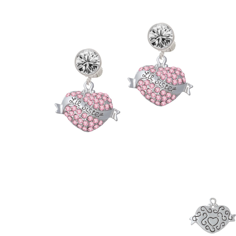 Lil Sister Banner on Pink Crystal Heart Crystal Clip On Earrings Image 2