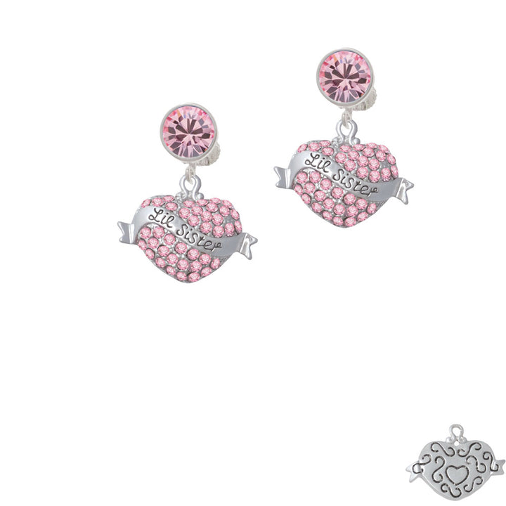 Lil Sister Banner on Pink Crystal Heart Crystal Clip On Earrings Image 4