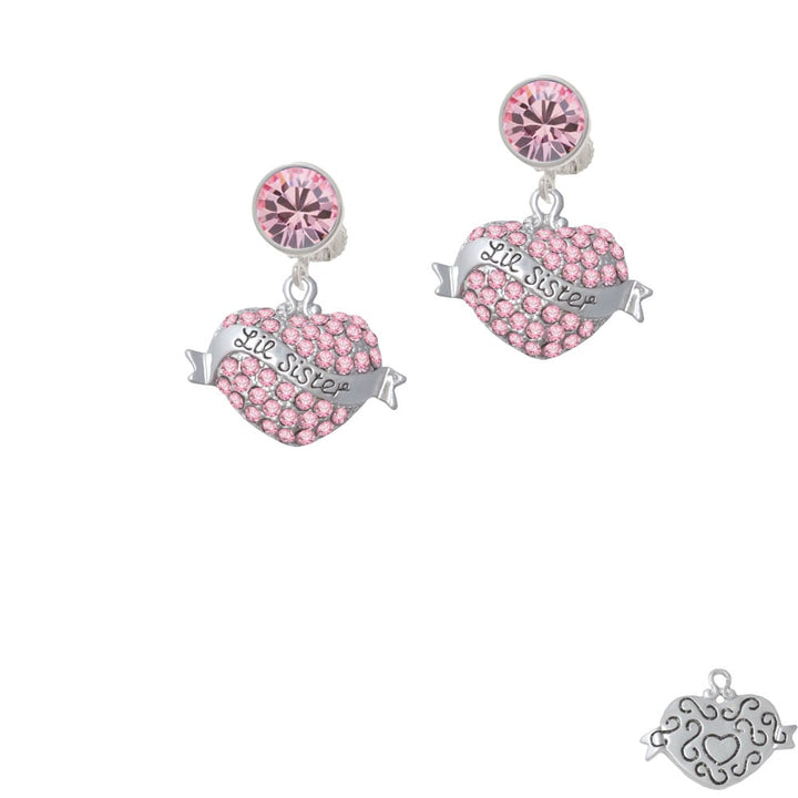 Lil Sister Banner on Pink Crystal Heart Crystal Clip On Earrings Image 1