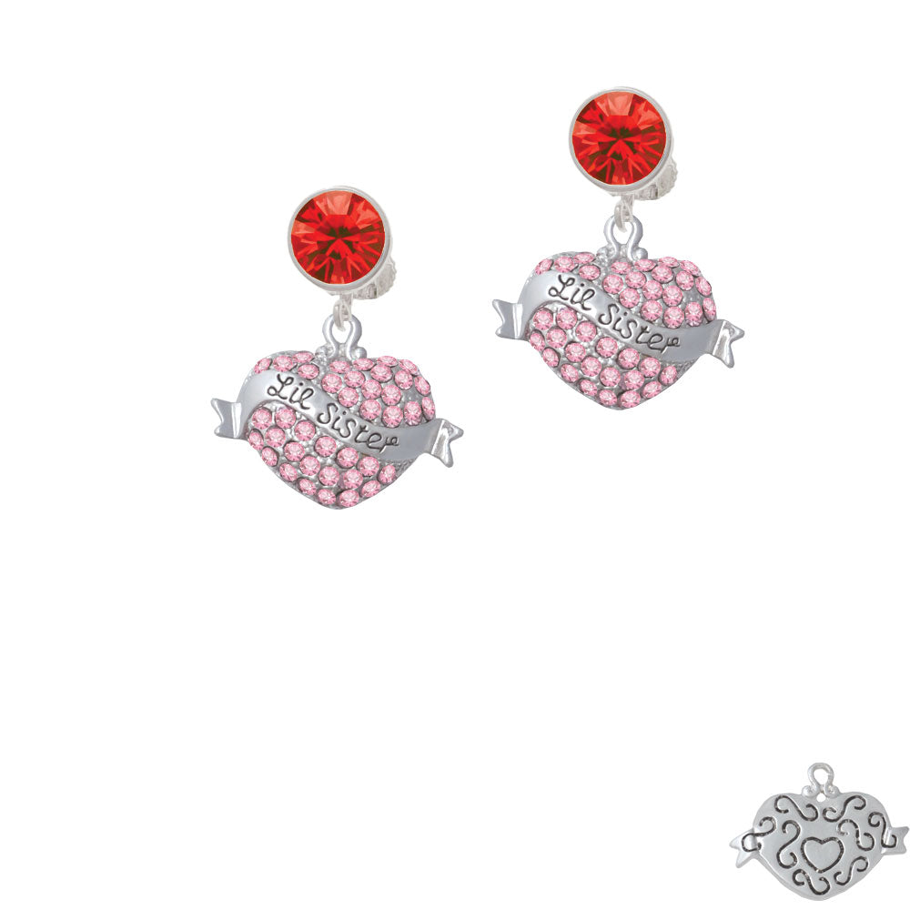 Lil Sister Banner on Pink Crystal Heart Crystal Clip On Earrings Image 4