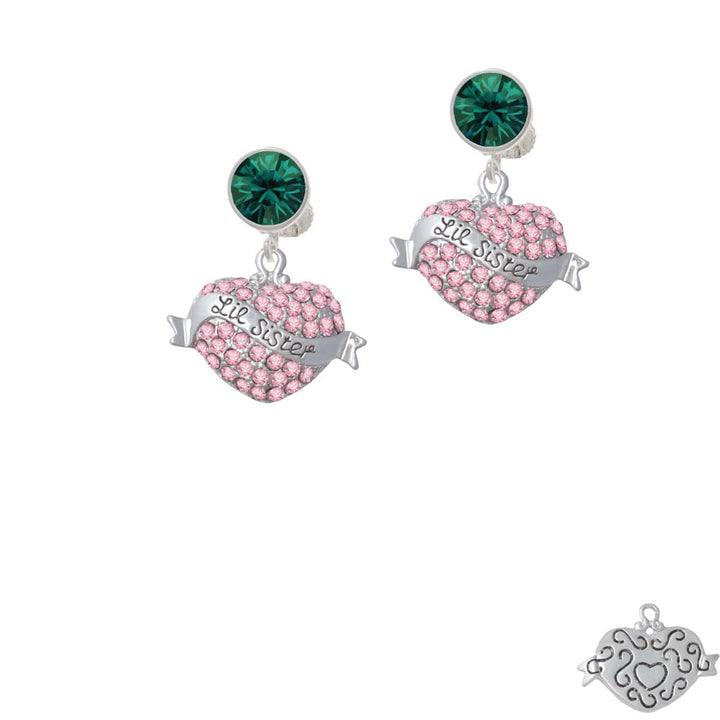 Lil Sister Banner on Pink Crystal Heart Crystal Clip On Earrings Image 1